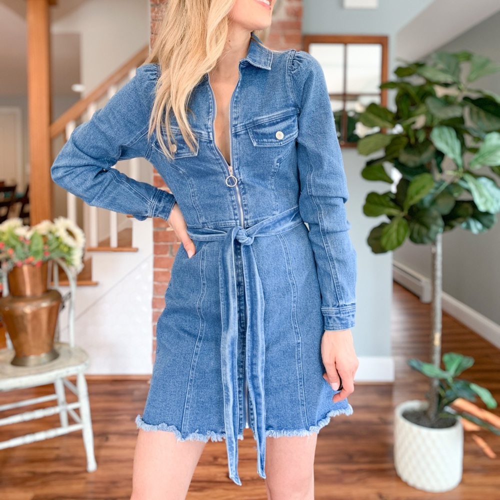 Stretchy long sleeve jean dress with zipper
